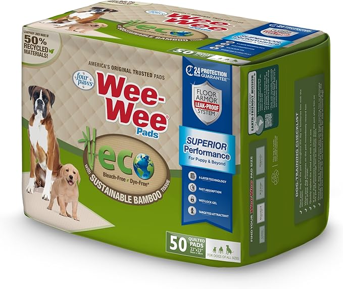 Four Paws Wee-Wee Superior Performance Bamboo Pee Pads for Dogs, Earth Friendly Dog & Puppy Potty Training Pads, Crate Liners, Housebreaking Supplies, 22" x 23" (50 Count)-PurrikoPets