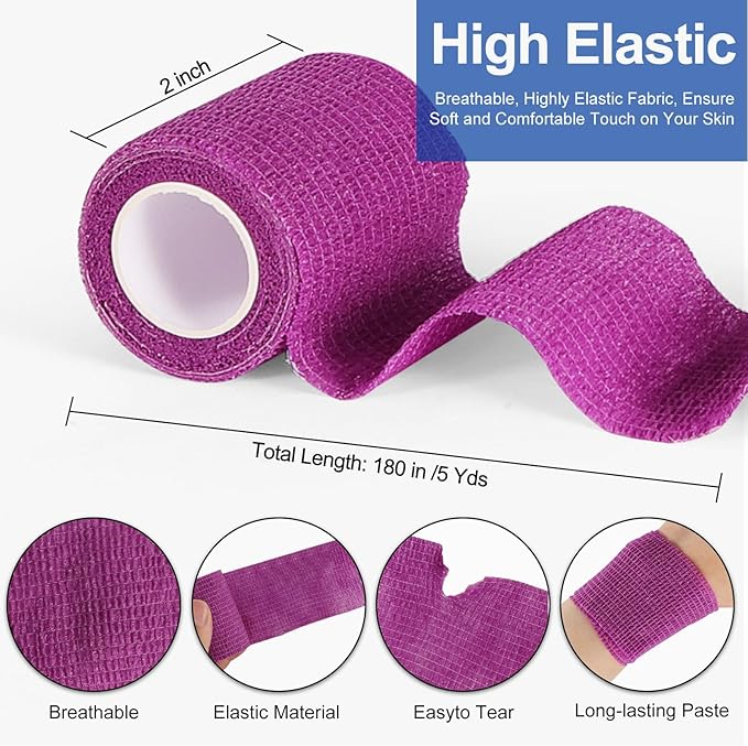 24 Pack 2 Inch x 5 Yards Self Adhesive Bandage Wrap, Elastic Cohesive Wrap 2 inch Vet Wrap Bandage Tape, Purple Grip Tape for Athletic, Sports, First Aid Medical, Wrist, Ankle Sprains-PurrikoPets