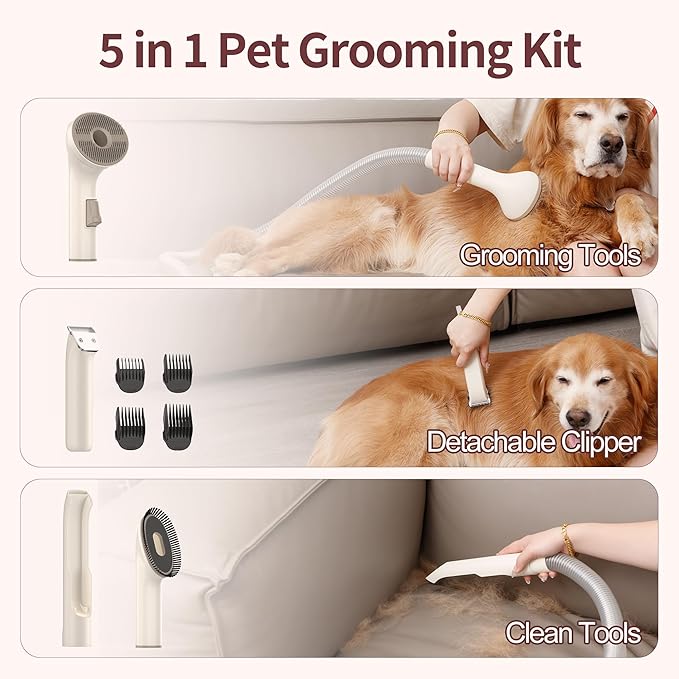 Dog Grooming Vacuum Kit, 2.5L Large Capacity, Dogs & Cats Vacuum for Shedding, 4 Pet Grooming Tools, Low Noise, Dog Nail Clipper as A Gift-PurrikoPets
