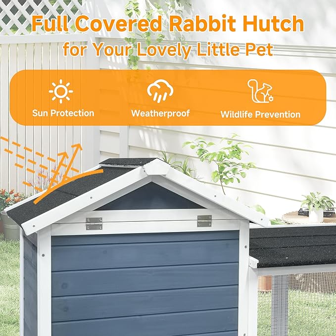 GARWOOD Large Outdoor Indoor Rabbit Hutch Wooden Bunny Rabbit Cage 2-Story with Run No-Leak Pull-Out Tray Waterproof Asphalt Roof Ramp for Guinea Pig Small Animal Wood Pet House Home Blue White-PurrikoPets