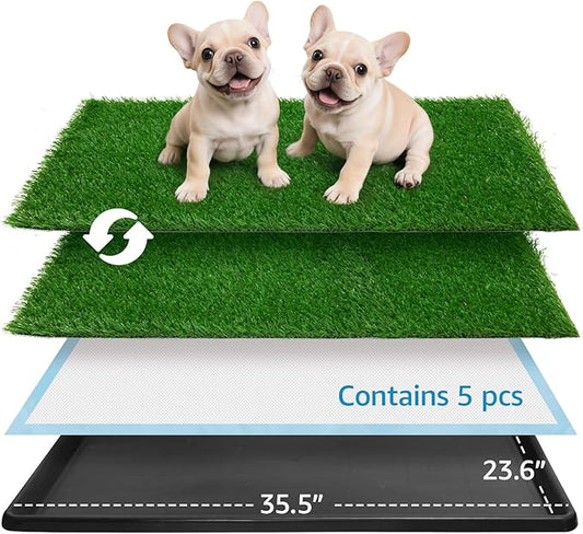 Dog Grass Pad with Tray,35.5” x 23.6” Indoor Dog Potty System 2 Pics Replacement Artificial Grass Mats-5 Pics Disposable Puppy Pads,for Puppy Training Apartment,Balcony and Apartment Use-PurrikoPets