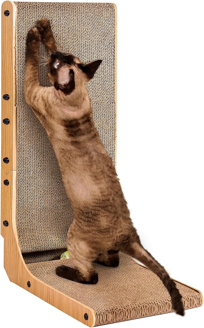 EHEYCIGA Cardboard Cat Scratcher for Indoor Cats, 26.8 Inch L Shaped Vertical Cat Scratching Board with Ball Cat Toy, Large Cat Scratcher Pad, Brown-PurrikoPets