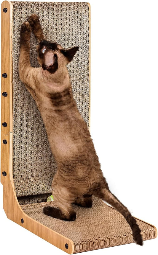 EHEYCIGA Cardboard Cat Scratcher for Indoor Cats, 26.8 Inch L Shaped Vertical Cat Scratching Board with Ball Cat Toy, Large Cat Scratcher Pad, Brown-PurrikoPets
