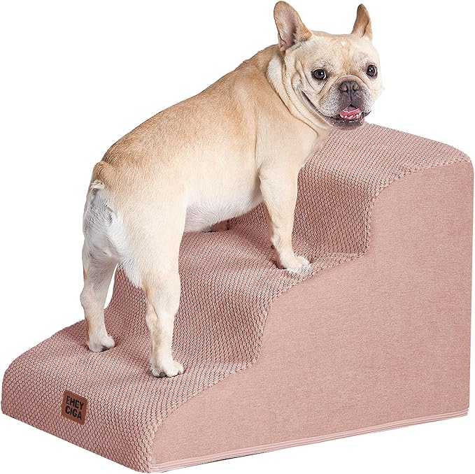 EHEYCIGA Curved Dog Stairs Ramp for Small Dogs 15.7" H, 3-Step Dog Steps for Couch Sofa and Chair, Pet Stairs for Cats, Non-Slip Balanced Pet Steps Indoor, Dusty Pink-PurrikoPets