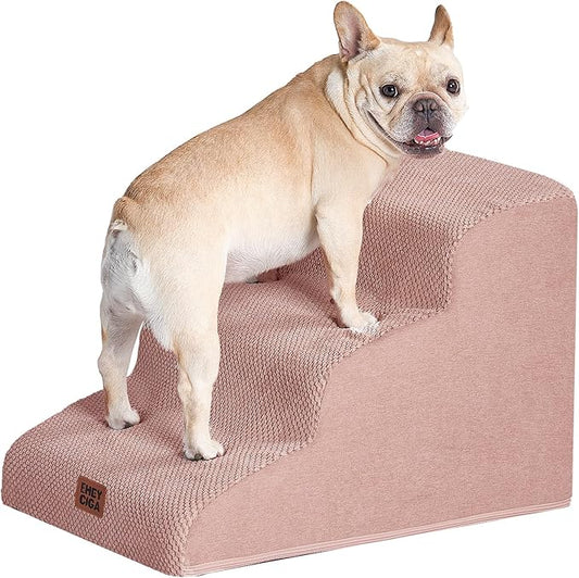 EHEYCIGA Curved Dog Stairs Ramp for Small Dogs 15.7" H, 3-Step Dog Steps for Couch Sofa and Chair, Pet Stairs for Cats, Non-Slip Balanced Pet Steps Indoor, Dusty Pink-PurrikoPets