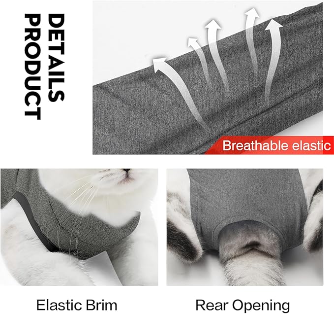 DOTON Cat Recovery Suit for Male and Female Surgical Post Surgery Soft Cone Onesie Shirt Clothes Neuter Licking Protective Diapers Outfit Cover Kitten Spay Collar(S, Grey)-PurrikoPets