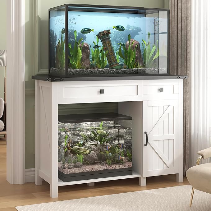 40 Gallon Aquarium Stand With Charging Station, Farmhouse Fish Tank Stand, Reptile Tank Stand Terrarium Stand with Drawer and Cabinet Storage, Sturdy Heavy Duty 41.9"×18.3" Tabletop - White-PurrikoPets