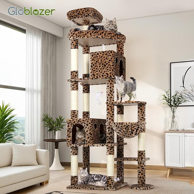 Globlazer Giant Cat Tree, 83 inch Cat Tree for Indoor Cats Large Adult, XXL Cat Tower with 9 Scratching Posts for 20lb+ Heavy Duty Large Adult Cats, F83, Leopard Print-PurrikoPets