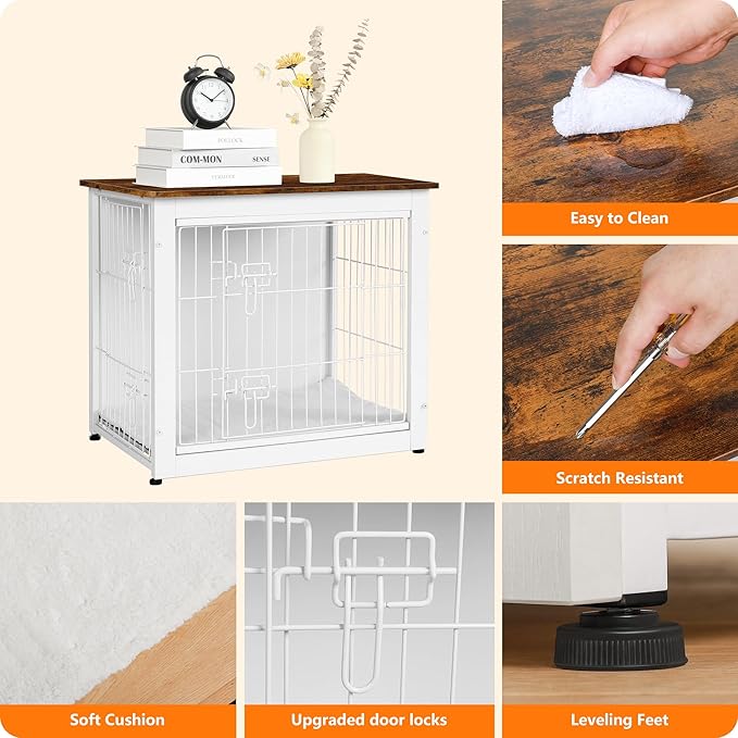 DWANTON Dog Crate Furniture with Cushion, Wooden Kennel Table with Double Doors, Indoor Dog House, Small/Medium/Large Size, 27.2" L, White+Rustic Brown-PurrikoPets