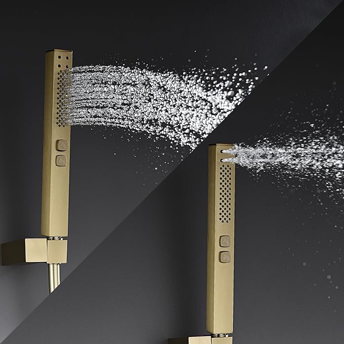 10" Square Rainfall Bathtub and Shower Trim Systems with Rotating Handheld Sprayer, Foldable Tub Spout, Wall-Mounted, Solid Brass Valve with Shampoo Platform- Brushed Gold (Square, Brushed Gold)-PurrikoPets