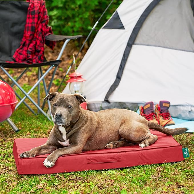 FurHaven Cooling Dog Bed – Large Foam Mattress for Joint Pain Relief, Waterproof Liner, Removable Washable Cover, Durable for Outdoor Use, Deluxe Grid Indoor/Outdoor Bed – Red, Large-PurrikoPets