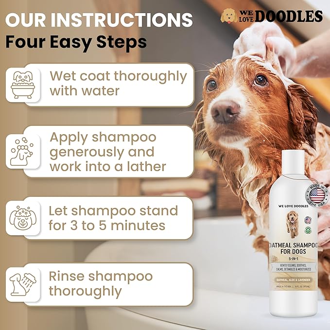5-in-1 Premium Oatmeal Shampoo for Dogs, Gentle for Itchy & Sensitive Skin, Provides Itch Relief, Hypoallergenic & Soothing for Dry Skin, Moisturizing Anti-Itch, Made in USA, 16 oz [We Love Doodles]-PurrikoPets