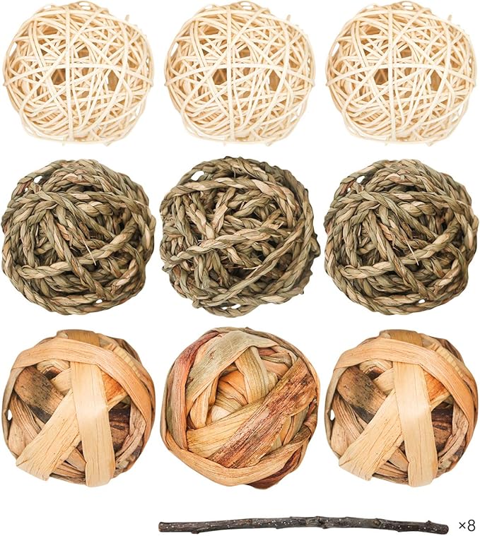 9 Pcs Small Animals Play Balls Rolling Activity Chew Toys Gnawing Treats for Rabbits Guinea Pigs Chinchilla Bunny Natural Balls, Pet Cage Entertainment Accessories (9 Pcs)-PurrikoPets