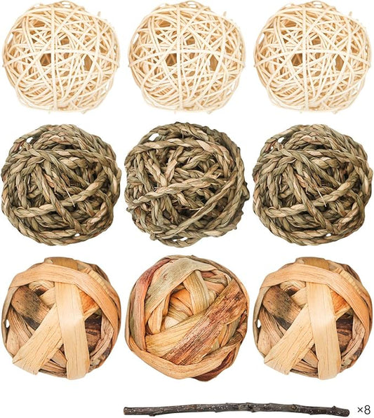 9 Pcs Small Animals Play Balls Rolling Activity Chew Toys Gnawing Treats for Rabbits Guinea Pigs Chinchilla Bunny Natural Balls, Pet Cage Entertainment Accessories (9 Pcs)-PurrikoPets