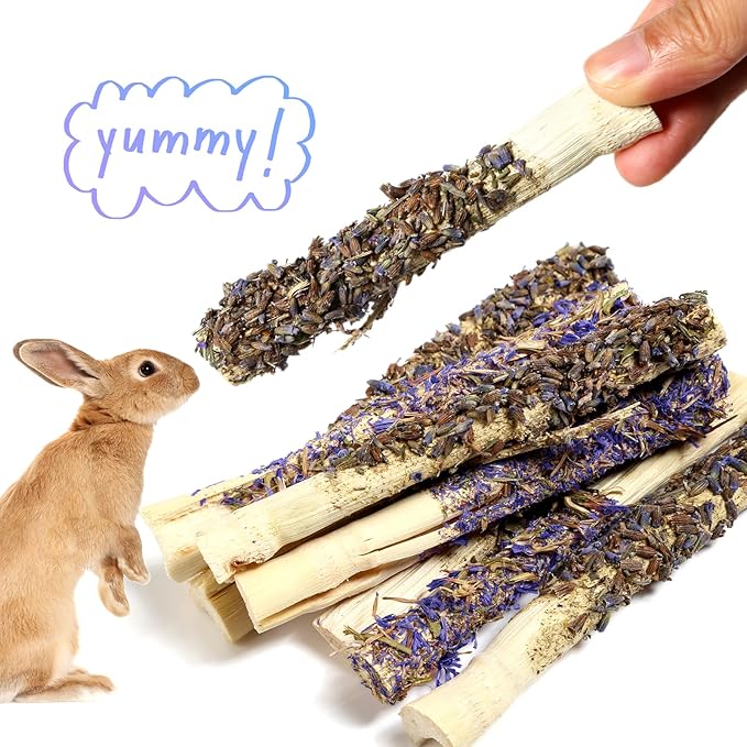 Abizoo Sweet Bamboo Rabbit Chew Sticks Treats and Toys 8Pcs Natural Hay with Forget-Me-Not Lavender for Bunny Guinea Pig Chinchilla Dental Care-PurrikoPets