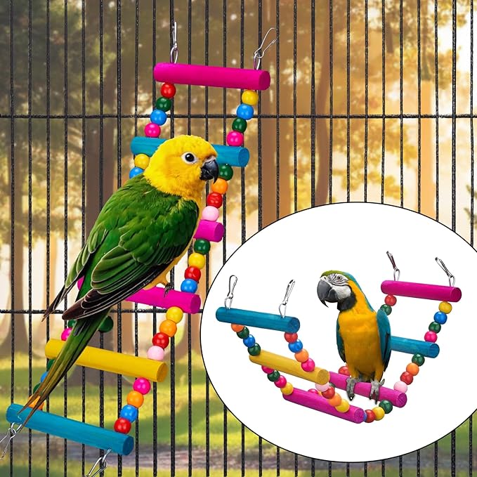 11Pcs Bird Parakeet Toys Wooden Bird Platform Stands Swing Hanging Chewing Toy Parrot Climbing Ladder Colorful Bird Cage Toys for Parakeet, Conure, Cockatiel, Love Birds, Finches-PurrikoPets