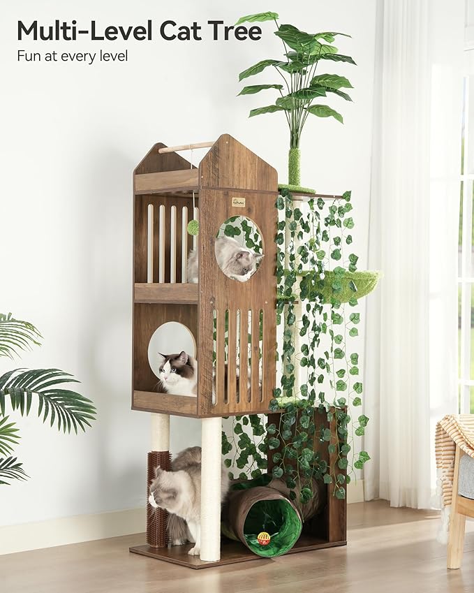 FourFurPets Large Cat Tree with Leaves, 72.8-Inch Cat Tower for Indoor Cats, Modern Cat Tree with Scratching Post, Large Perch, Tunnels, Swing Ball, Self Groomer, Greige-PurrikoPets