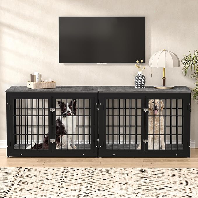 42 Inch Heavy Duty Dog Crate Furniture for Large and Medium Dogs, Decorative Pet House End Table, Wooden Cage Kennel Furniture Indoor, Gray-PurrikoPets