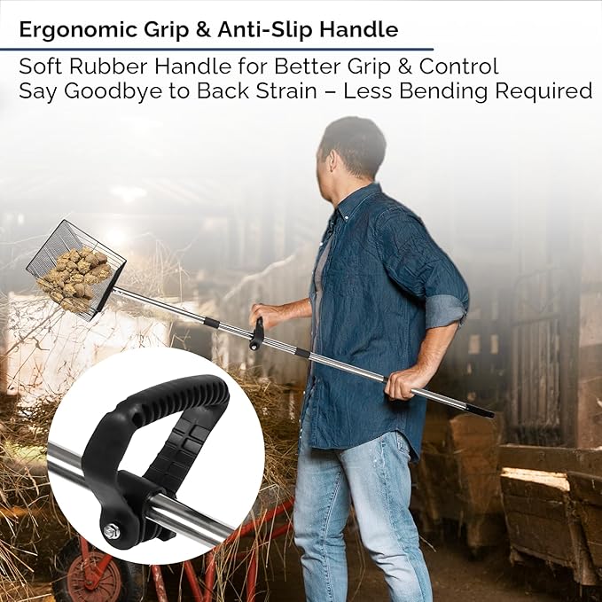 15" Extra-Wide Chicken Poop Scooper – Ergonomic Adjustable Handle (24-70in), Stainless Steel Sifting Shovel Deep Litter Cleaning for Chicken Coops, Goat - Chicken Coop Scoop for Sand, Straw, Hemp-PurrikoPets