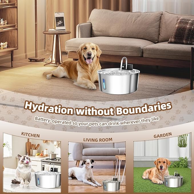 Dog Water Fountain Stainless Steel: 7L/236oz Cordless Large Dog Water Bowl Dispenser Automatic Cat Pet Water Fountain Indoor with Deeper Drinking Area, Multi-Pet Water Fountain with Ultra-Quiet Pump-PurrikoPets