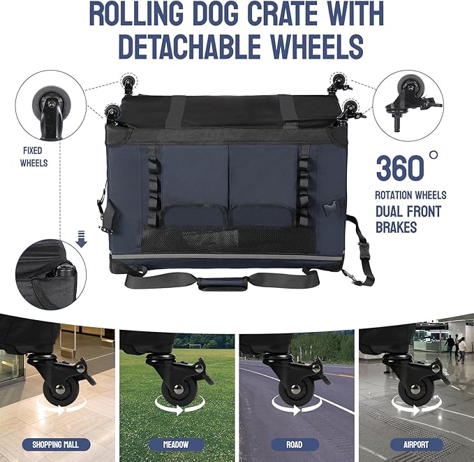 30IN Soft Collapsible Dog Crate w Detachable Wheels, Rolling Travel Dog Crate for Medium Breed Dogs, Portable Dog Kennel with Mesh Windows, Indoor & Outdoor Uses-PurrikoPets