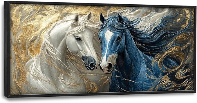 Framed Large Horse Wall Art for Living Room, Oversized Abstract Horses Wall Decor Blue and Golden Canvas Painting Animal Pictures Modern Artwork for Living Room Bedroom Office 60"x30"-PurrikoPets