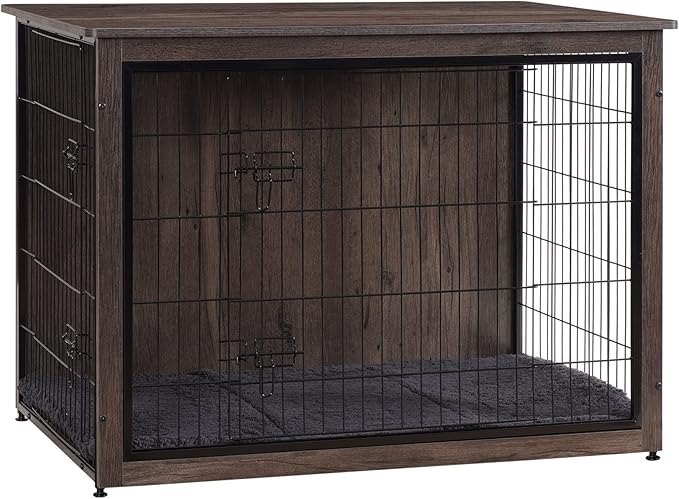 DWANTON Dog Crate Furniture with Cushion, Wooden Kennel Table with Double Doors, Indoor Dog House, Extra Large Size, 43.3" L, Dark Gray-PurrikoPets