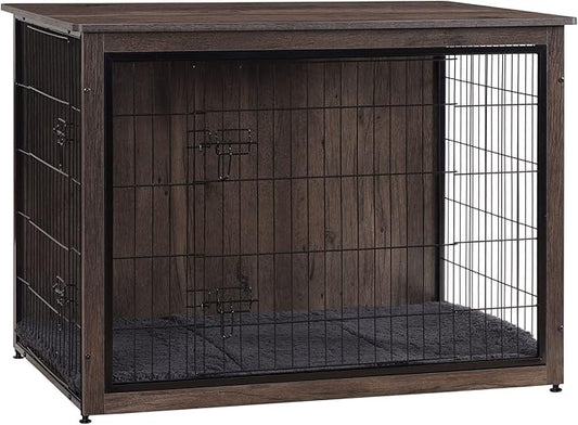 DWANTON Dog Crate Furniture with Cushion, Wooden Kennel Table with Double Doors, Indoor Dog House, Extra Large Size, 43.3" L, Dark Gray-PurrikoPets