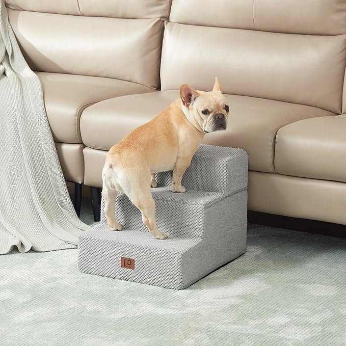 EHEYCIGA Dog Stairs for Small Dogs 13.5" H, 3-Step Dog Steps for Couch Sofa and Chair, Pet Steps for Medium Cats, Non-Slip Balanced Pet Ramp Indoor, Light Grey-PurrikoPets
