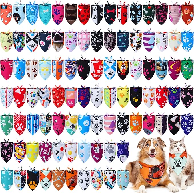 100 Pcs Paw Dog Bandanas Bulk Pet Bibs Colorful Triangle Scarf Paw Pattern Pet Bandanas for Medium Large Dogs Holiday Summer Birthday Costume Decor-PurrikoPets