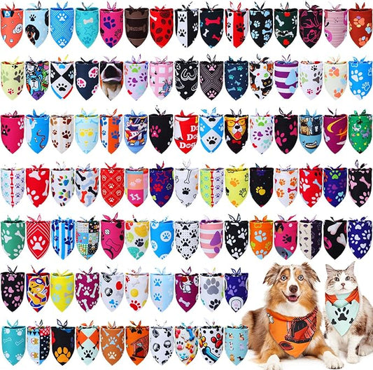 100 Pcs Paw Dog Bandanas Bulk Pet Bibs Colorful Triangle Scarf Paw Pattern Pet Bandanas for Medium Large Dogs Holiday Summer Birthday Costume Decor-PurrikoPets