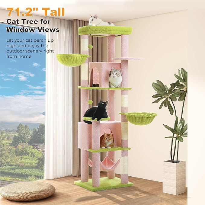 71.2" Large Cat Tree for Multi-Cat Households - Heavy-Duty 9-Level Cat Tower w/5 Sisal Scratching Posts, 2 Condos, 3 Hammocks, Extra-Large Perch & Pompoms - Space-Saving, Pink-PurrikoPets