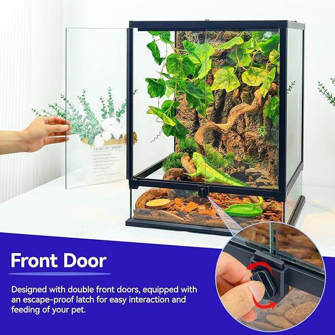 360° Clear View 12 Gallon 18x12.6x12.6 Glass Reptile Terrarium Suitable for Bearded Dragon, Chameleon, Crested Gecko, Multi-Pet Enclosure with Front Door, Excellent Ventilation, Hidden Wiring Holes-PurrikoPets