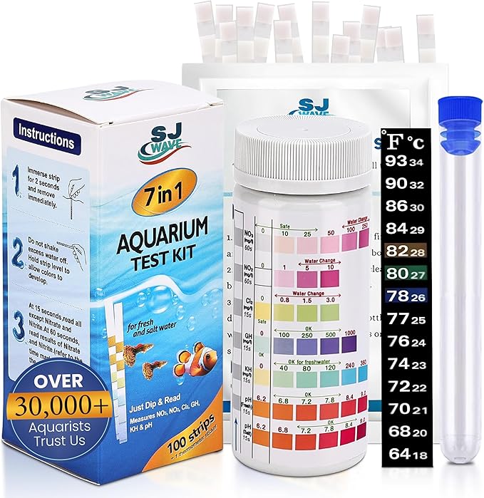 7 in 1 - Aquarium Test Strips | 100 Fast & Accurate Strips | Fish Tank Aquariums Water Test Kit & ebook | Aquarium Thermometer | Fish Tank Water Testing Kit for Fresh & Saltwater | Versatile Usage-PurrikoPets
