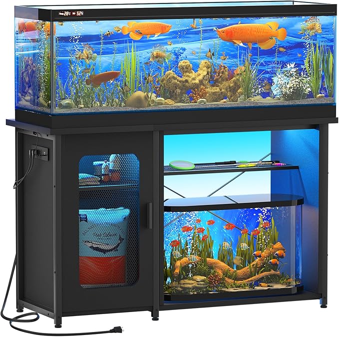 55-75 Gallon Fish Tank Stand with Power Outlets & LED Light, Reversible Heavy Duty Metal Aquarium Stand with Cabinet for Fish Tank Accessories Storage, Turtle/Reptile Terrariums, Black-PurrikoPets