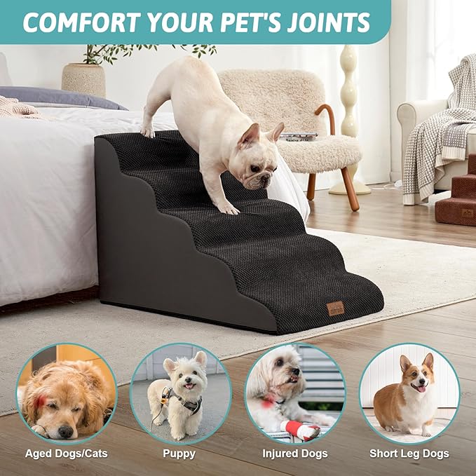 Extra Wide Dog Stairs 19.7" Width, Large Pet Step for Small Medium Dog, Puppy or Cat, Ramp for High Bed or Car, High Density Foam Ladder, Stable, 5 Step, 19.7x33x22.4 inch, Black-PurrikoPets