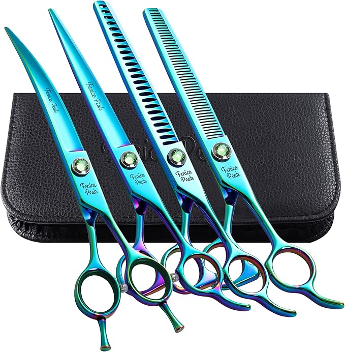 Fenice Peak Green Dog Grooming Scissors Set Straight Thinning Curved and Chunker Shears 4PCS Kit with Simulated Emerald Screw 440C Trimming Shears Durable and Sharp-PurrikoPets