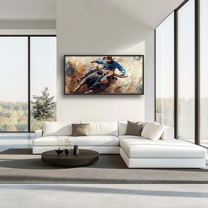 Framed Large Western Cowboy Wall Art, Oversized Rustic Cow Wall Decor for Living Room, Dusty Canvas Painting Pictures Vintage Artwork Home Decoration for Living Room Bedroom Office 60"x30"-PurrikoPets