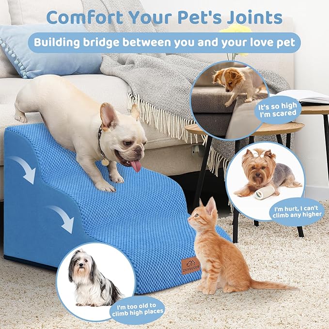Dog Ramp and Stair for Bed 16" H-20 H,3-Step Cat Stair for Sofa and Chair,4-Step Dog Ramp for High Bed and Window,Durable Nonslip Fabric Cover for Indoor (Blue-16“H, Pet Friendly, 3)-PurrikoPets