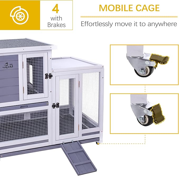 GEGURI Rabbit Hutch, Two-Story Indoor Bunny Cage, Outdoor Guinea Pig Cages for Small Animals with Wheels, Removable Tray-PurrikoPets