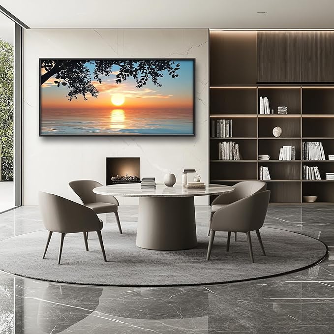 Framed Large Lake Sunset Wall Art, Oversized Natural Landscape Wall Decor for Living Room, Tree Leaves Canvas Painting Pictures Home Decoration for Living Room Bedroom Office 60"x30"-PurrikoPets