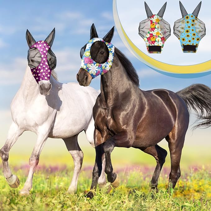 Frienda 4 Pieces Horse Fly Masks with Ears Face Covering UV Protection from Insect Pests Elasticity Smooth Comfortable Mesh Horse Mask Accessories(Flower,Medium)-PurrikoPets