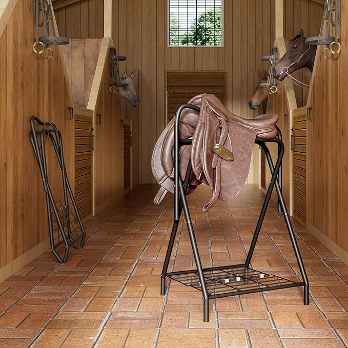 Dunatou Saddle Rack Freestanding Saddle Stand Foldable Horse Saddle Storage Rack Full Size Saddle Pad Rack Horse Blanket Holder Heavy Duty Saddle Holder for English and Western Horse Saddles, Black-PurrikoPets