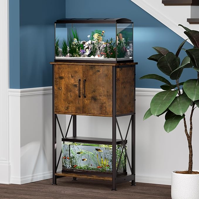 5-10 Gallon Fish Tank Stand, Metal Double Aquarium Stand with Cabinet for Fish Tank Accessories Storage, Heavy Duty 20.5" L* 11.02" W Tabletop, 500LBS Capacity Rustic Brown and Black PG06YGN-PurrikoPets