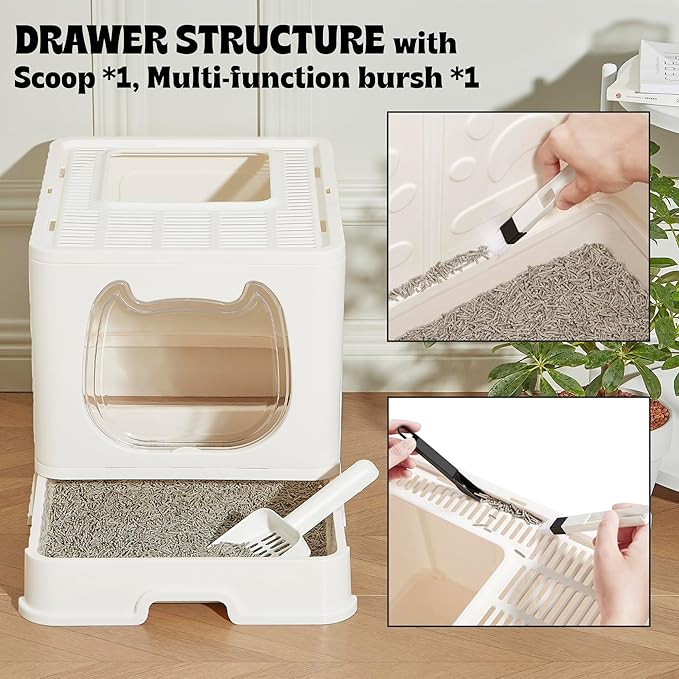 Gefryco Foldable Cat Litter Box with Lid,Covered Litter Box for Small and Medium Cats, Enclosed Cat Potty with Scoop and Brush, Top Entry Cute Kitten Litter Tray with Drawer and Top Cover(White)-PurrikoPets
