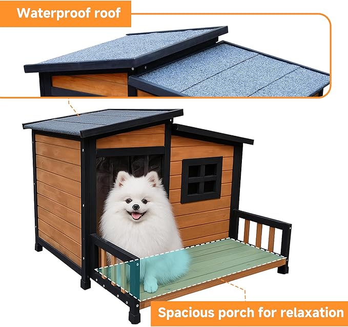 GARWOOD Large Outdoor Indoor Wooden Dog House for Small Large Dog Kennel Wood Sturdy Pet Puppy Warm Home with Durable Weatherproof Asphalt Roof Insulated Elevated Floor Outside Shelter Brown 39x37x30“-PurrikoPets