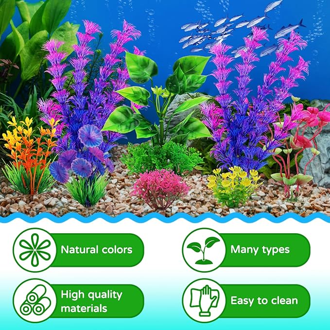 Fish Tank Accessories Aquarium Decorations Plants, 9pcs Colorful Fish Tank Artificial Plants and Cave Rock Decor Set, Aquarium Decor Plastic Plants-PurrikoPets