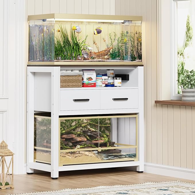 20-29 Gallon Fish Tank Stand with Power Outlet & 2 Storage Drawers, Heavy Duty Metal Frame Aquarium Stand with Waterproof Mat, 30.7" L*15.7" W Tabletop, 550LBS Capacity, White+Brown-PurrikoPets