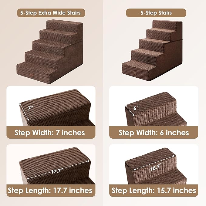 EHEYCIGA Dog Stairs for High Bed 25" H, 5-Step Extra Wide Dog Steps for Bed, Pet Steps for Small Dogs and Cats, Non-Slip Balanced Pet Ramp Indoor, Brown-PurrikoPets