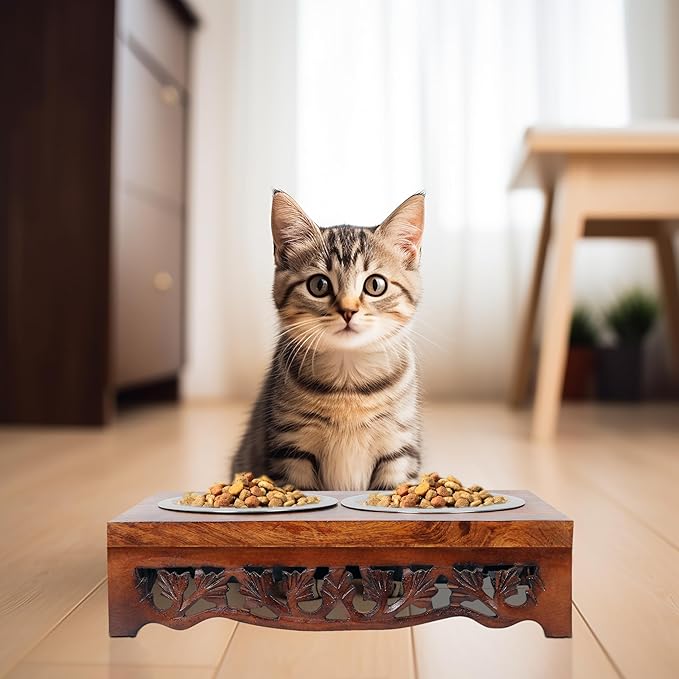 Elevated Pet Feeder for Dogs and Cats - Scroll Carved Wood Raised Dog Bowl Stand - Pet Feeding Stand with Two Steel Bowls - Raised Dog Bowl for Food and Water - Pet Feeding Station -17x11x4- IRONGATE-PurrikoPets